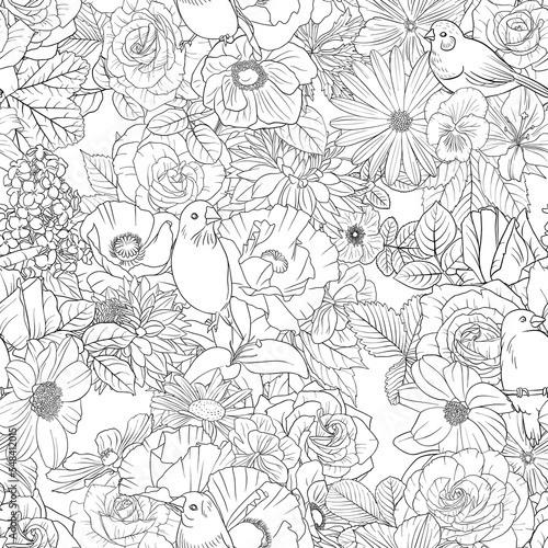 vector drawing natural background with birds and flowers, black and white seamless pattern, hand drawn illustration