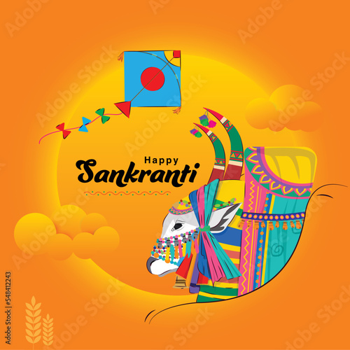 Happy sankranti and pongal. A Gangireddu, a decorated ox also known as basava with flying kite 