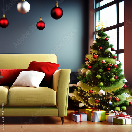 christmas tree and gifts next to window and couch with red and white pillows interior of house with blue wall copy space