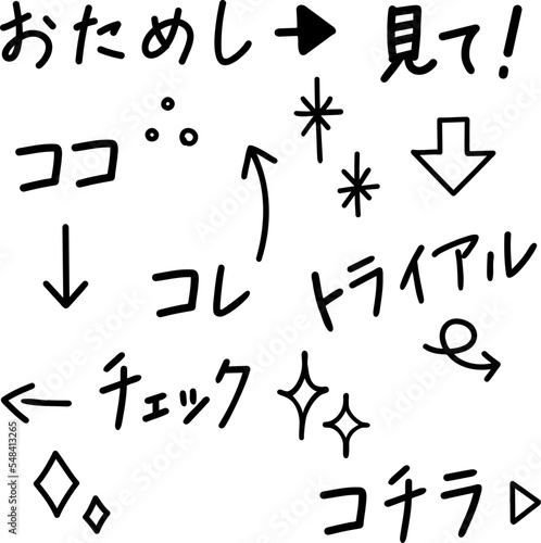 手書きのココやコチラなどの言葉と矢印｜黒