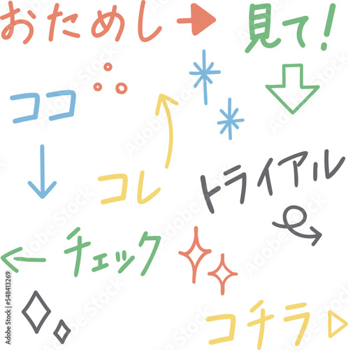 手書きのココやコチラなどの言葉と矢印｜かわいい色