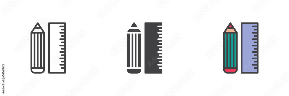 Pencil and ruler different style icon set Pencil and ruler different style icon set
