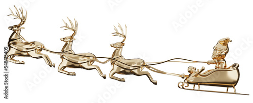 Merry christmas and happ new year with golden santa claus and golden reindeer on his sleigh.