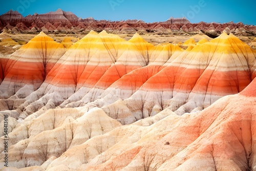Rocky mountainous deserts. Badlands with geological formations. 