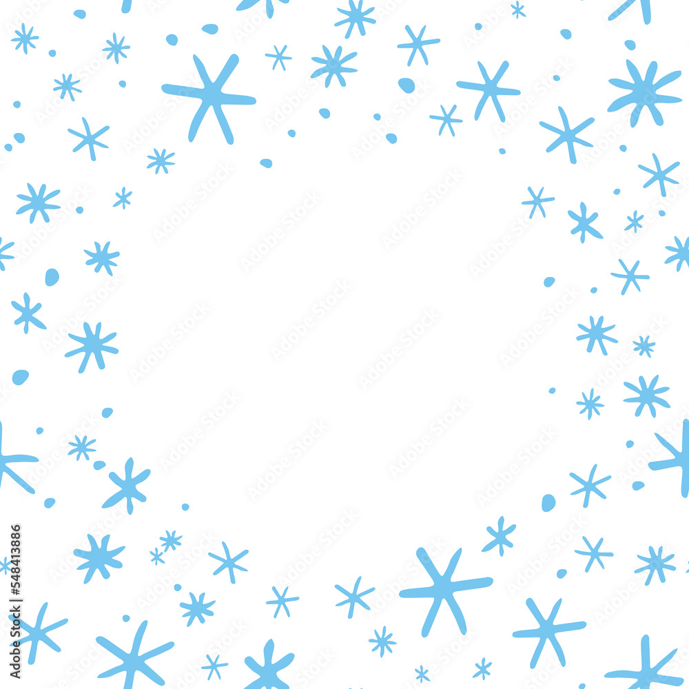 Fototapeta premium Winter vector frame of simple primitive blue snowflakes. Background, border, template for theme of Snowfall, christmas, new year