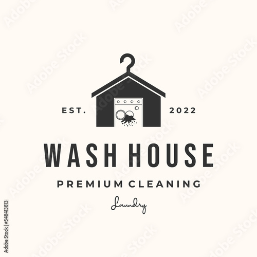 wash house laundry vintage logo vector minimalist illustration design, washhouse and dry cleaning symbol design photo