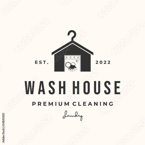 wash house laundry vintage logo vector minimalist illustration design, washhouse and dry cleaning symbol design