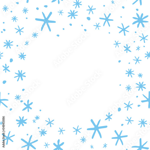 Winter vector frame of simple primitive blue snowflakes. Background, border, template for theme of Snowfall, christmas, new year