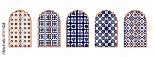 Islam window or gate. Decorative frame. Mosque dome and lanterns. Vector set of oriental geometric ornaments with grid, mesh, circles, flower silhouettes.