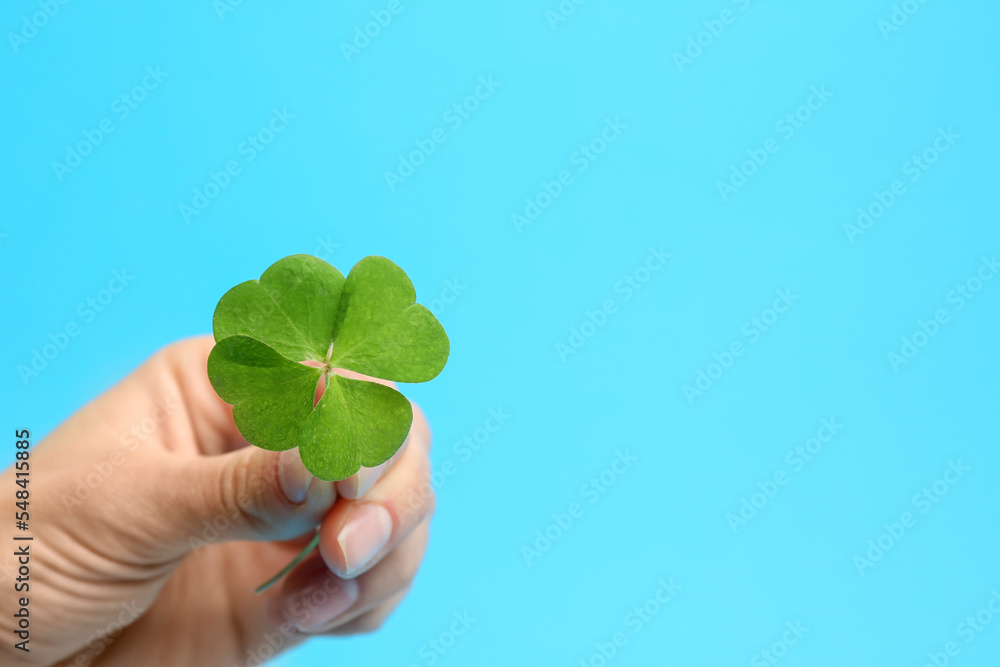 Woman holding beautiful green four leaf clover on light blue background, closeup. Space for text Woman holding beautiful green four leaf clover on light blue background, closeup. Space for text