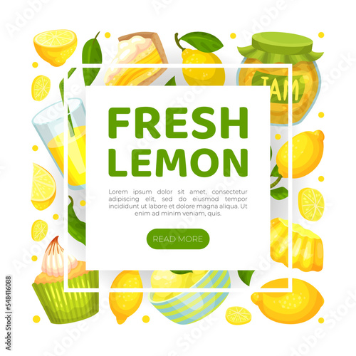 Fresh lemon web banner with space for text. Eco organic vegetarian product landing page, website cartoon vector
