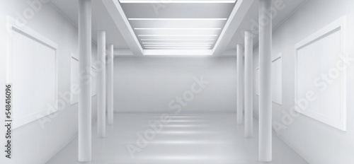 White empty art gallery, abstract room background. Museum exhibition hall 3d render. interior with blank frames hanging on walls and pillars, spotlights on ceiling, Realistic vector illustration