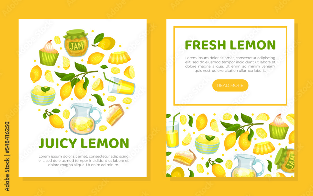 Fresh juicy lemon web banner and card templates set. Natural organic products landing page, promotional leaflet cartoon vector