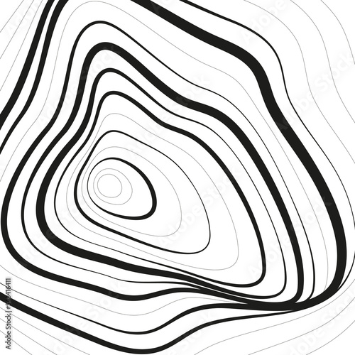 Distorted wave monochrome texture. Abstract dynamical rippled surface. Vector stripe deformation background. Mesh, grid pattern of lines. Black and white illustration.