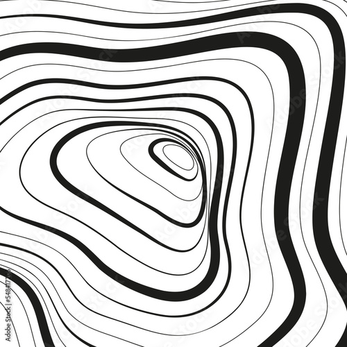 Distorted wave monochrome texture. Abstract dynamical rippled surface. Vector stripe deformation background. Mesh, grid pattern of lines. Black and white illustration.