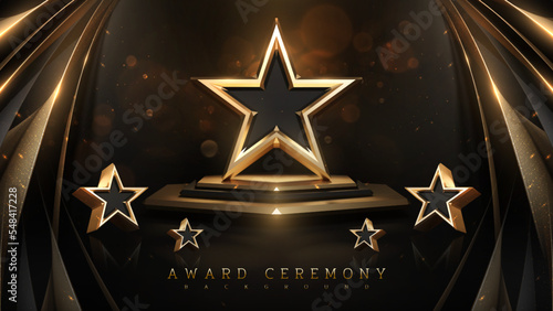 Award ceremony background with 3d gold star and ribbon element and glitter light effect decoration.