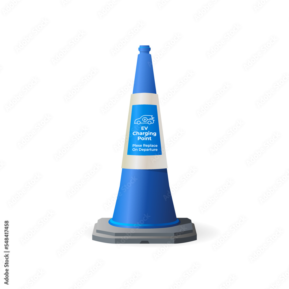 EV Charger Blue Traffic Cone with Charge Point Electric Vehicle Car Recharge Station Reserved Sign. vector EV Charger Blue Traffic Cone with Charge Point Electric Vehicle Car Recharge Station Reserved Sign. vector