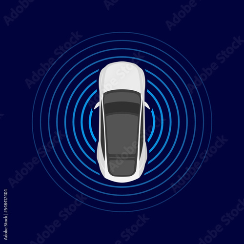 Autonomous car top view. Self driving vehicle with radar sensing system. Driverless automobile on road. vector