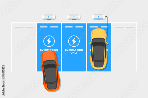 EV Charger stations parking lot. Electric cars charging on empty parking lot area with fast supercharger station. Vector