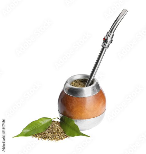 Calabash with mate tea and bombilla on white background
