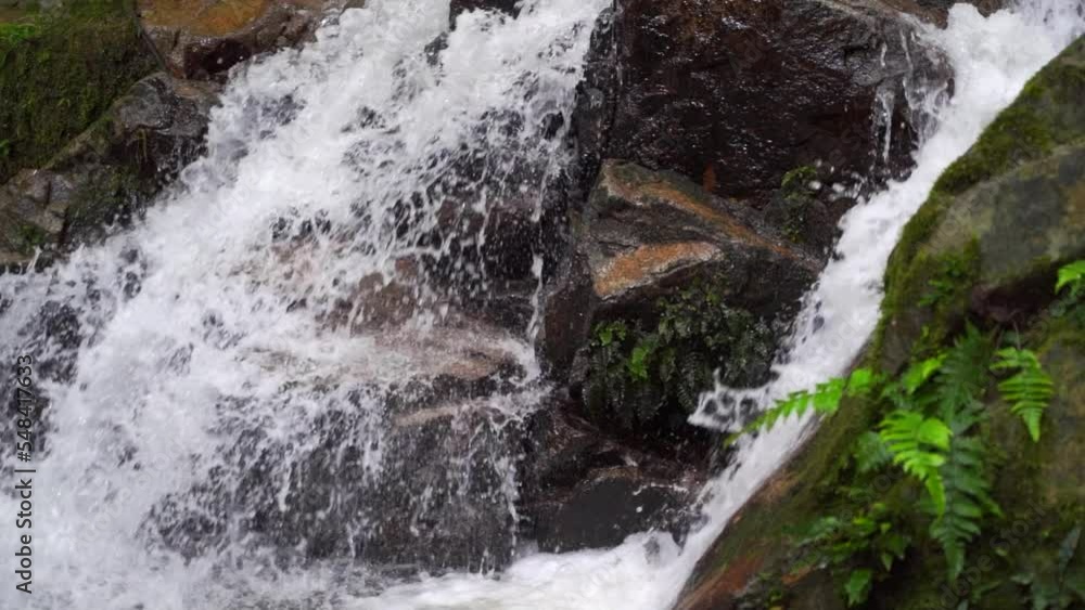 Close up view of stunning waterfall falling in slow motion Close up view of stunning waterfall falling in slow motion