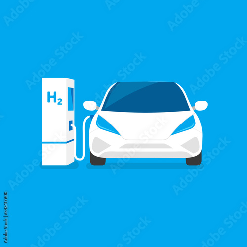 Hydrogen car and energy refill concept. Blue car on the H2 station, connected to the hydrogen source. vector illustration