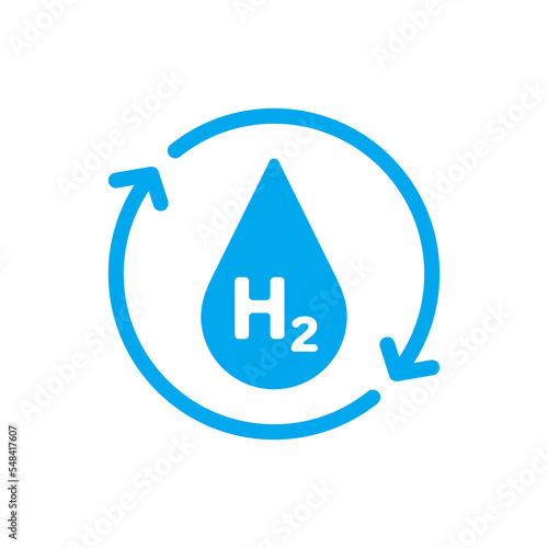 Hydrogen (H2) icon. Renewable energy source. Blue water drop with two round arrows and hydrogen. vector