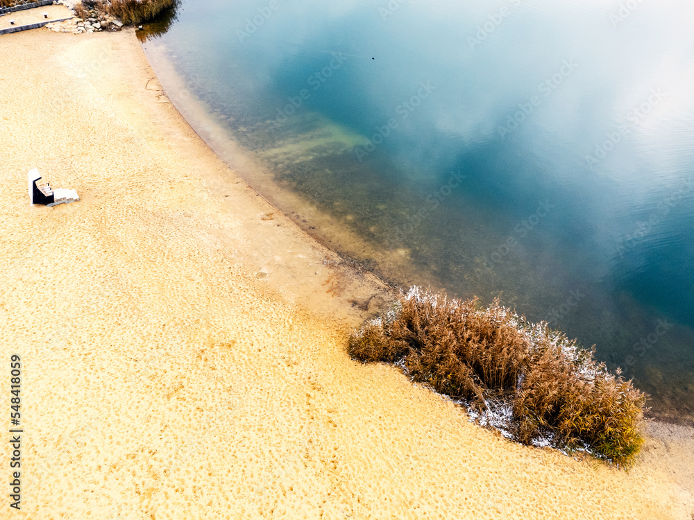 Beach, sand, water, lake, sea, winter, landscape, nature, aerial view, drone photo.