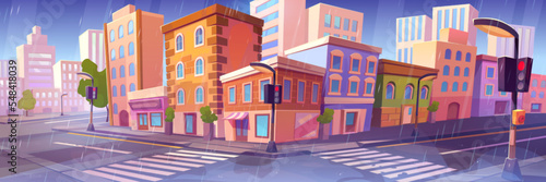 Rain at city crossroad, transport intersection with zebra, traffic lights, street signs. Urban architecture, empty road infrastructure with buildings, market stall, trees, Cartoon vector illustration