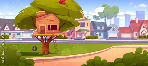 Tree house or hut at suburban street. Wooden construction with ladder and tyre swing for kids summer time recreation, games and activities in countryside with cottages, Cartoon vector illustration