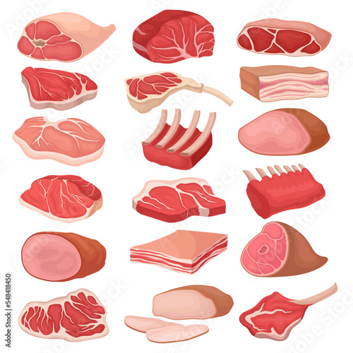 Meat Product with Beef Steak, Rib, Lard and Ham for Cooking and Eating Big Vector Set