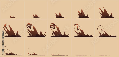 Animation sprite sheet with splashes of coffee, hot chocolate or cocoa. Splash effect of brown drink, tea or dark coffee with splatter and drops, vector cartoon set isolated on background
