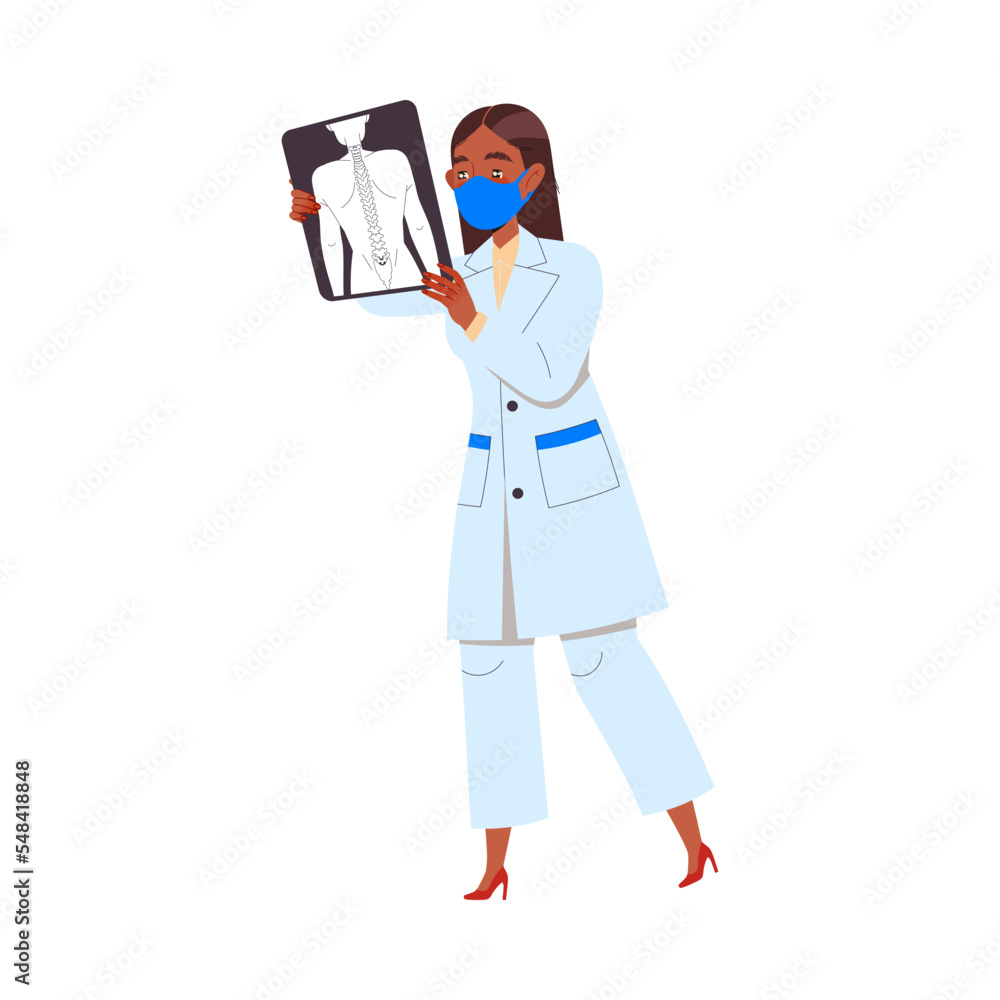 Woman Doctor or Practitioner in Uniform and Mask with X-ray Engaged in Medical Examination Vector Illustration Woman Doctor or Practitioner in Uniform and Mask with X-ray Engaged in Medical Examination Vector Illustration