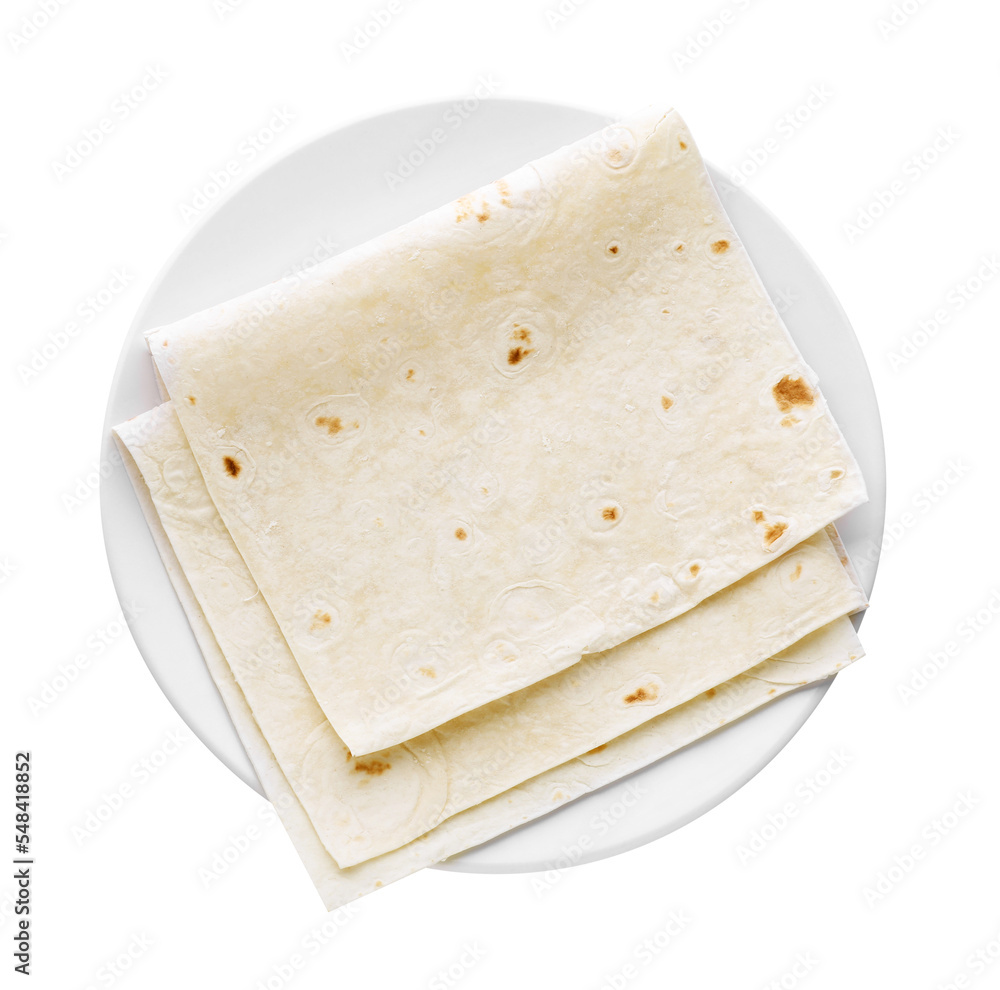Plate with delicious Armenian lavash on white background, top view