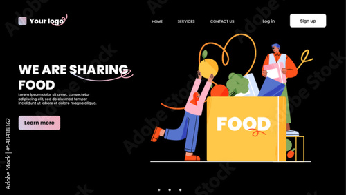 Food sharing landing page template. Flat characters donating meal into charity box on black background with sample lettering. Website design for restaurant, cafe donation project. Vector illustration