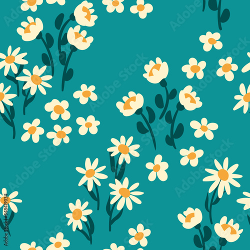 Seamless floral pattern with cute small daisies on a blue background. Pretty flower print, liberty ditsy print with tiny hand drawn plants: flowers, leaves on a blue background. Vector illustration.