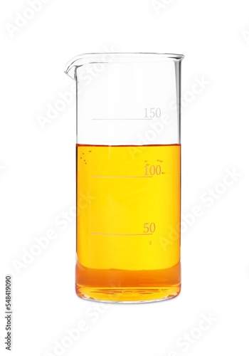 Glass beaker with orange liquid isolated on white