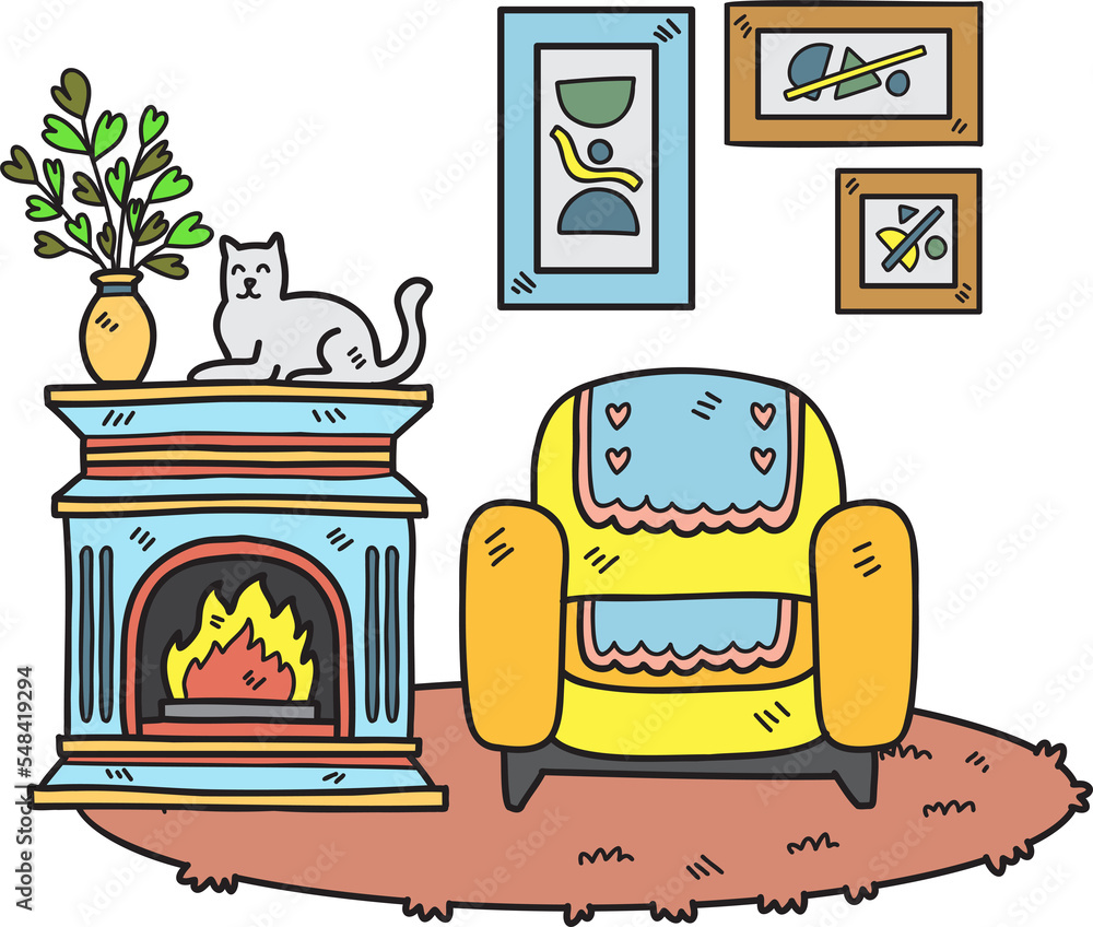 Fototapeta premium Hand Drawn Fireplace with cats and sofa interior room illustration
