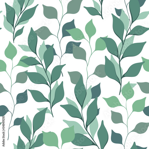 Seamless pattern, gentle botanical print with hand drawn foliage on a white background. Elegant botanical surface design with large green leaves. Vector illustration.