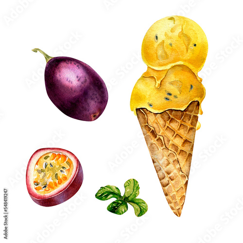 Set of passion fruit ice cream in waffle cone watercolor illustration isolated on white background. photo