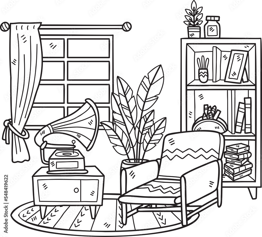 Hand Drawn armchair with window and shelf interior room illustration Hand Drawn armchair with window and shelf interior room illustration