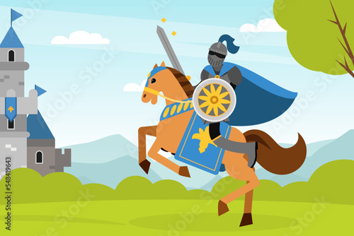Medieval knight in armour riding horse. Warrior fighting with shield and sword cartoon vector