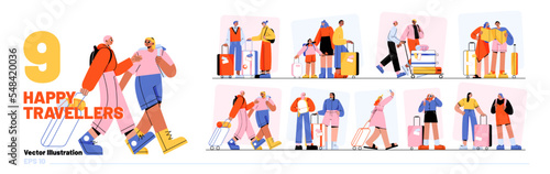 Happy people travelling set isolated on white background. Flat vector illustration of family, friends, couple enjoying vacation trip. Male and female tourists with bags in airport, at railway station