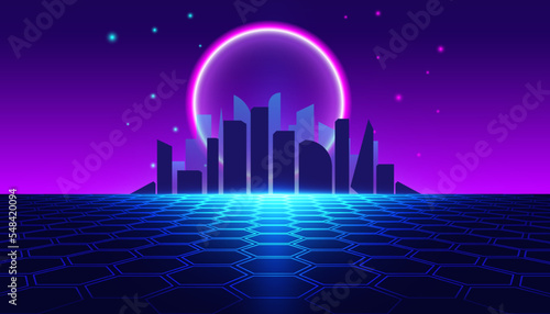 abstract Backgrounds 80's retro Vector virtual reality smart city vr glasses and holographic simulation concept virtual world game virtual reality in cinema or future metaverse network