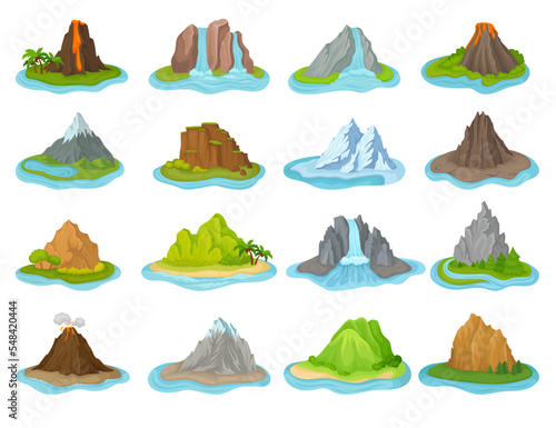 Set of mountain and waterfalls. Small islands, volcano, waterfalls surrounded by water cartoon vector