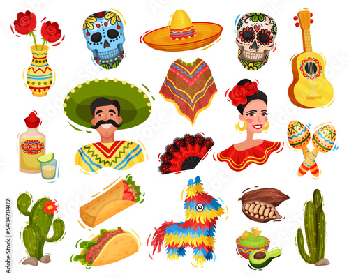 Set of Mexican culture symbols. Mexican man, woman, guitar, sugar skull, maraka, pinata, cactus, taco, burrito cartoon vector