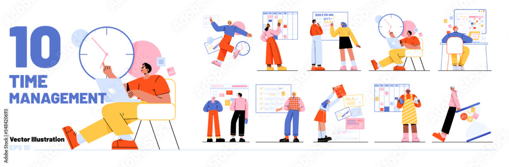 Set of time management scenes isolated on white background. Vector illustration of flat characters planning daily business activity schedule, making list of to-do tasks, keeping track of time at work Set of time management scenes isolated on white background. Vector illustration of flat characters planning daily business activity schedule, making list of to-do tasks, keeping track of time at work