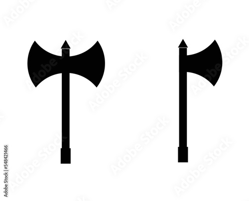 vector icon design of two black silhouette axes with different shapes the one on the left is a double edged ax while the one on the right is a single bladed axe