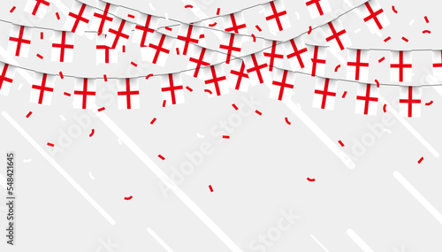 England celebration bunting flags with confetti and ribbons on white background. vector illustration.