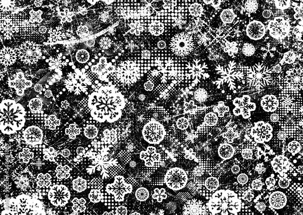 Grunge frame with snowflakes. Useful for social media, banners, Christmas cards, brochures, templates. Overlay texture made with snow flakes and halftone dots. Vector Grunge frame with snowflakes. Useful for social media, banners, Christmas cards, brochures, templates. Overlay texture made with snow flakes and halftone dots. Vector